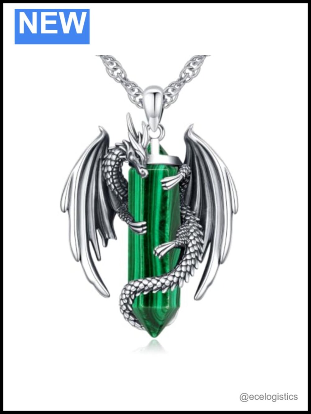 Dragon Pendant Necklace Silver Plated Brass Malachite Healing Crystal
